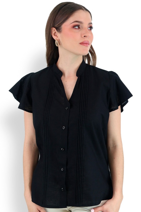 Guayabera Color Negro Cuello Mao Textura Lino Con Alforzas De Mujer